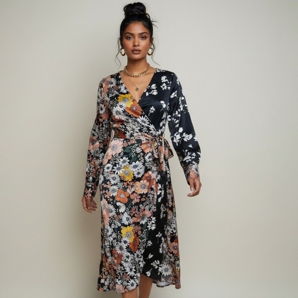 Zara Basic Womens Floral Wrap Midi Dress Long Sleeve Black Orange Yellow Size M